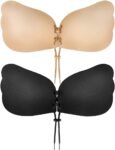 Sticky Bra, Backless Strapless Bra Push Up, Adhesive Invisible Lift Up Bras 2 Pairs Black/Beige