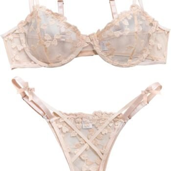 Sexy Underwire Cute Push Up Strappy Embroidered Mesh Sheer Lingerie Set See Through Panty Bra