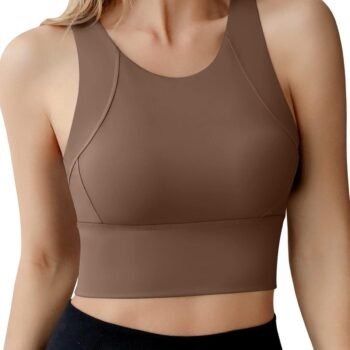 i High Neck Sports Bra for Women Longline Medium Impact Workout Crop Tank Tops Wirefree Padded Yoga Bra Gym