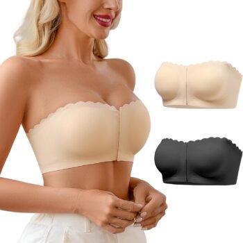 Wireless Strapless Bras for Women Front Closure Non-Slip Padded Bandeau Bralette Comfort Wavy Edge Tube Top Bra