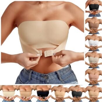 Strapless Bras for Women Push Up Non-Slip Bandeau Front Closure Gathering No Underwire Bottom Hem Comfort Tube Tops